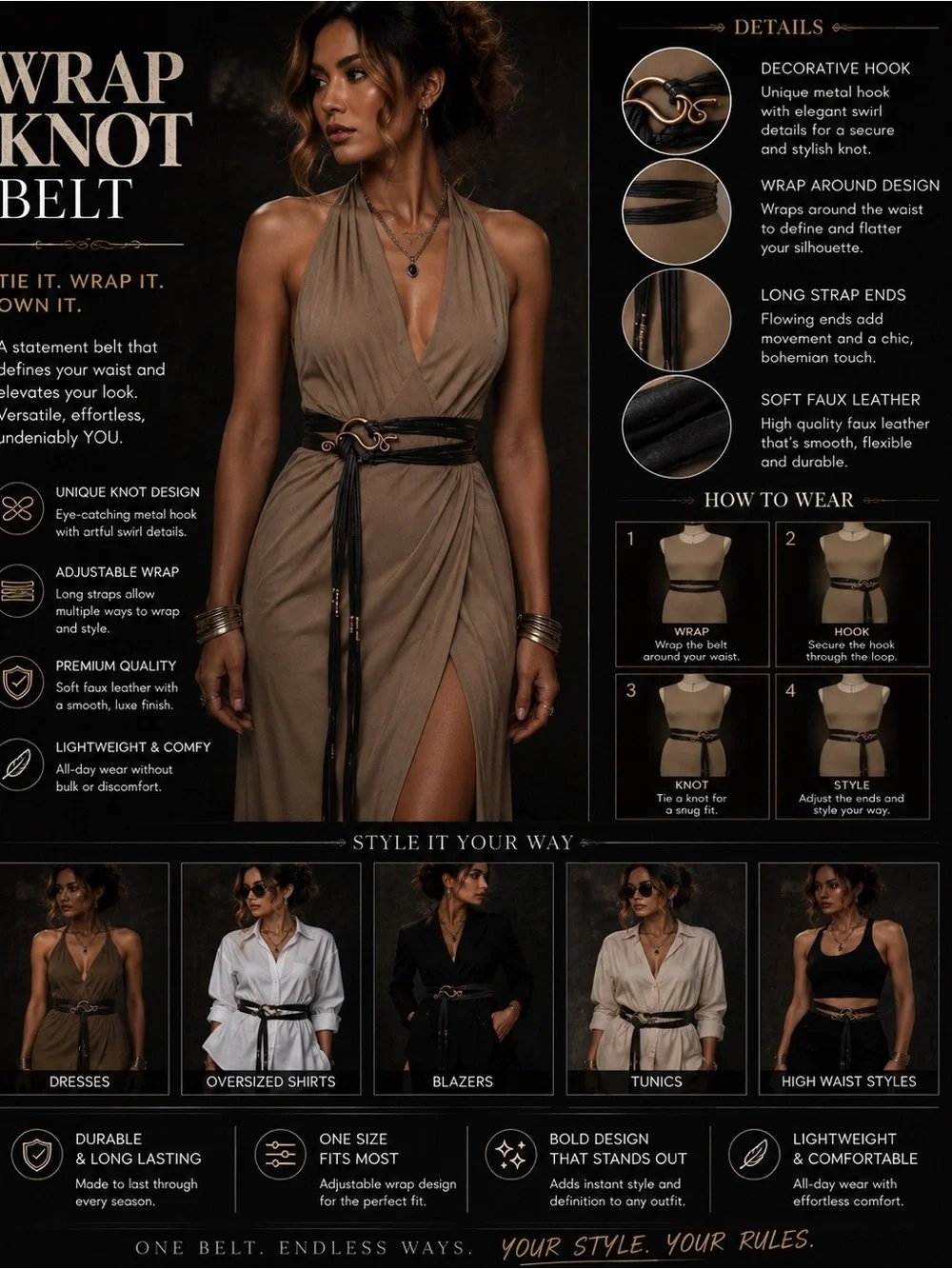 Wrap Knot Belt - Black & Brown Faux Leather